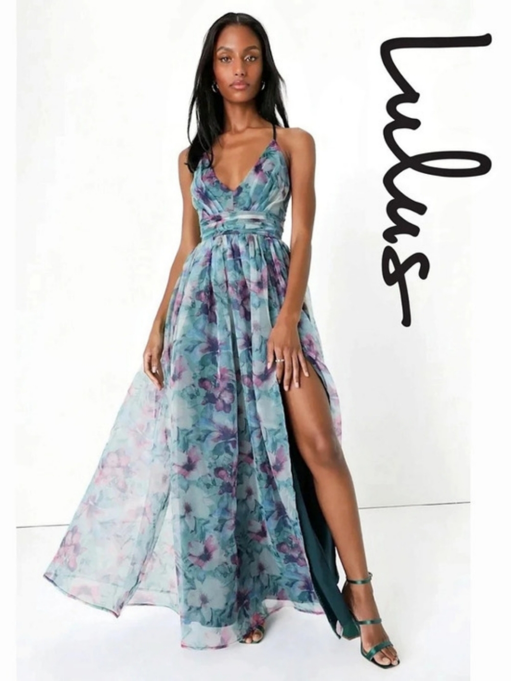 Lulus - Romance That Wows Dark Teal Floral Print Organza Maxi Dress - XXL